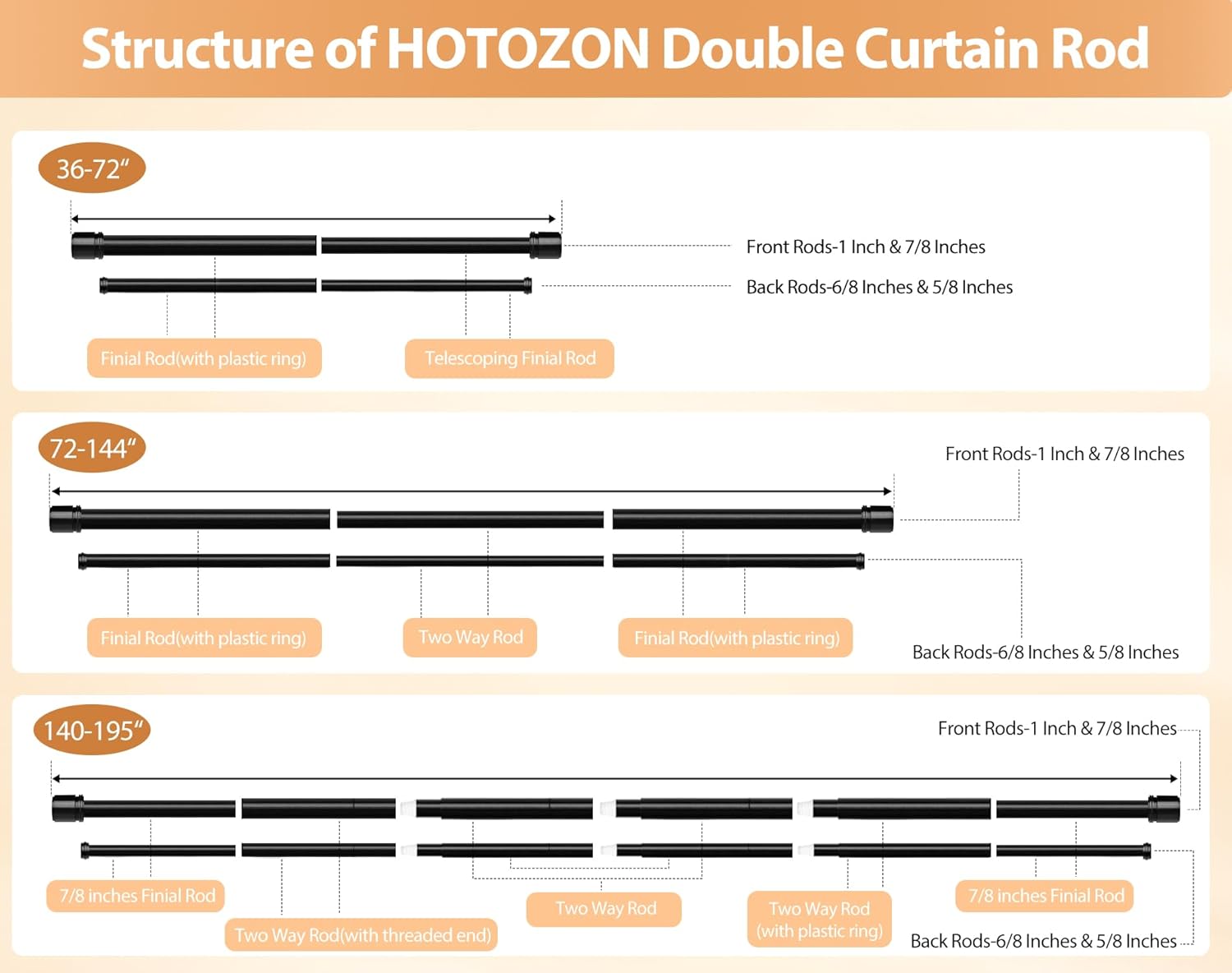 Double Curtain Rod 72 to 144 Inch, HOTOZON 1 Inch Heavy Duty Double Curtain Rods for Windows 60 to 140 Inches(5-11.6 ft), Telescoping Drapery Rod with Simple End Finials, Black